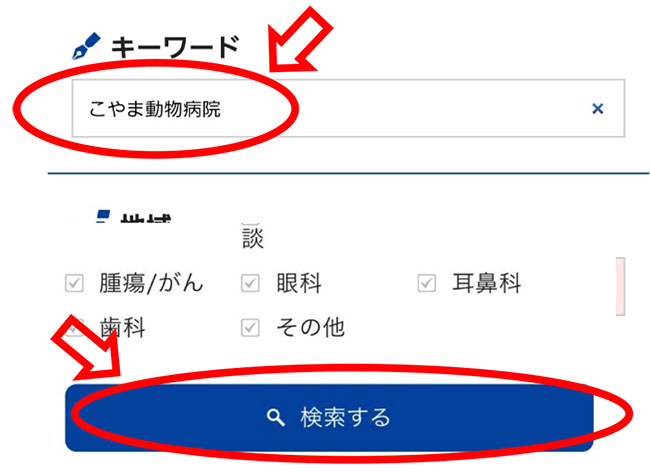 「キーワード」欄にこやま動物病院と入力後ページ下方にある「検索する」を選択